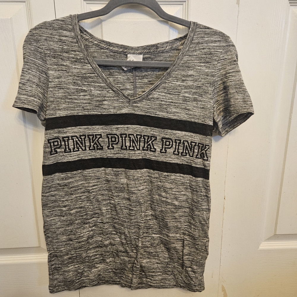 PINK Victoria's Secret Gray Marled V-Neck Tee with Black Stripes